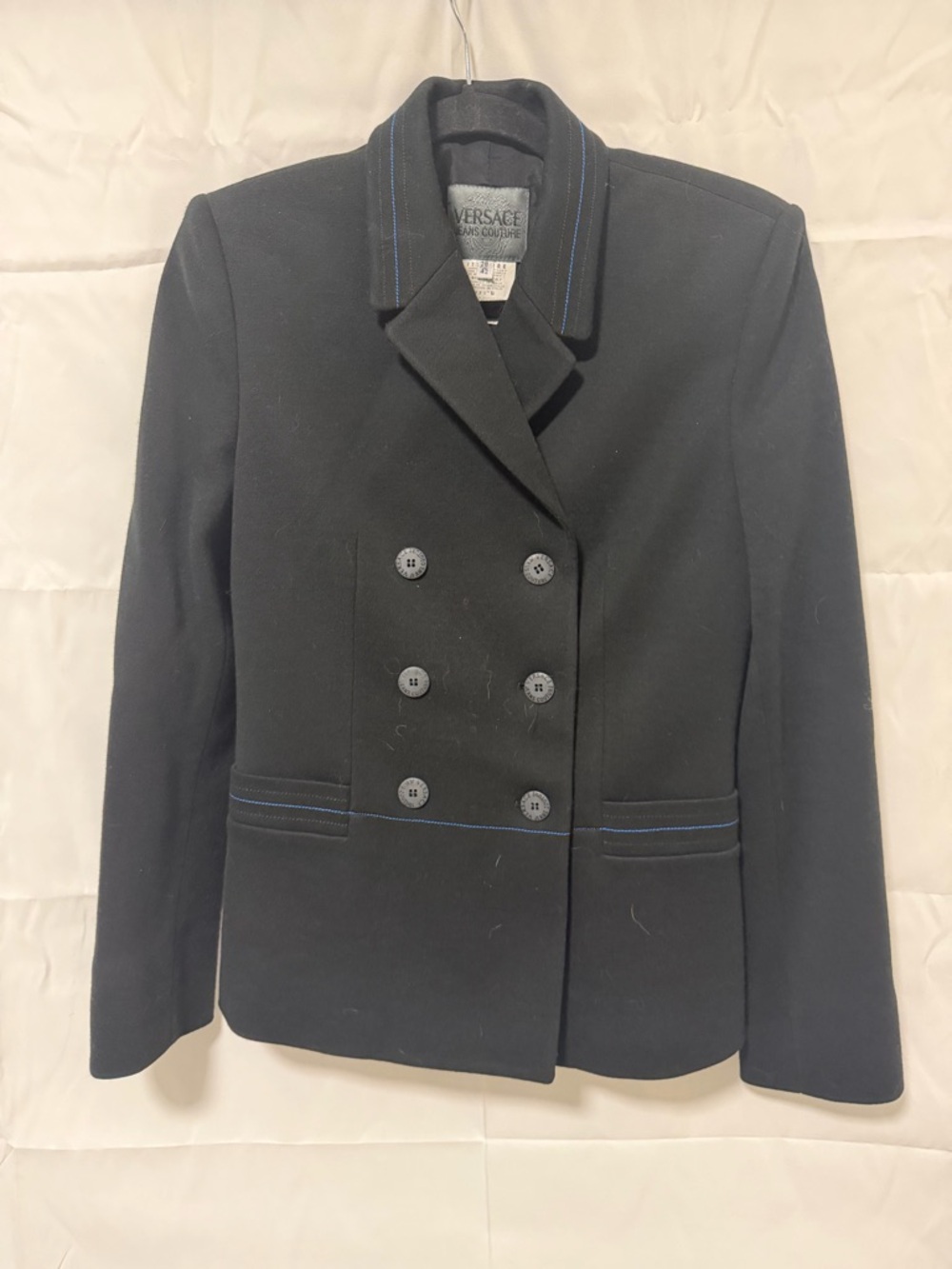 Versace Jeans Collection Black Double-Breasted Blazer with Blue Trim